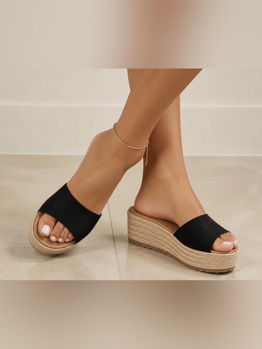 Black Platform Espadrille Slide Wedges